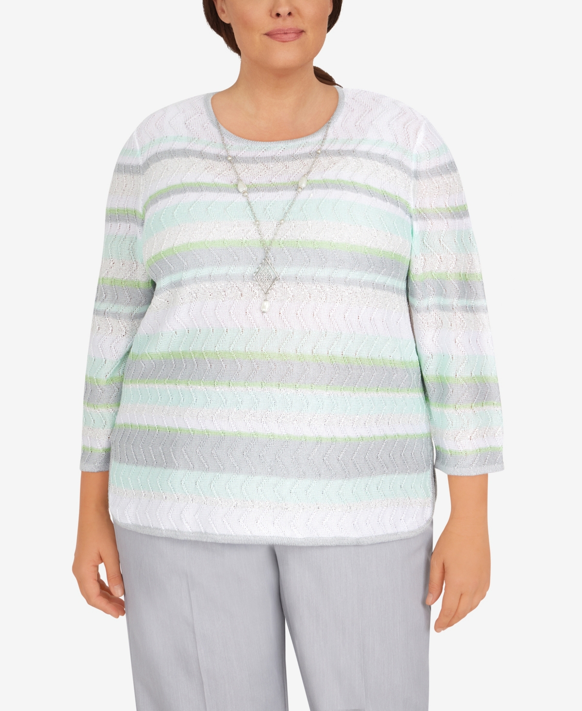 Alfred Dunner Plus Size Lady Like Textured Knit Crewneck Top In Seafoam