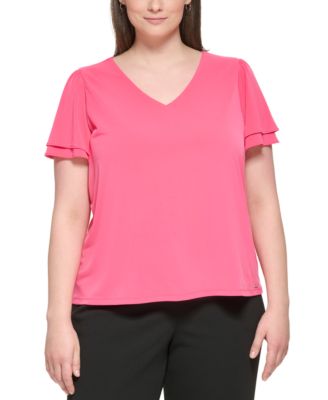Calvin Klein Plus Size V Neck Tiered Flutter Sleeve Top Macy s