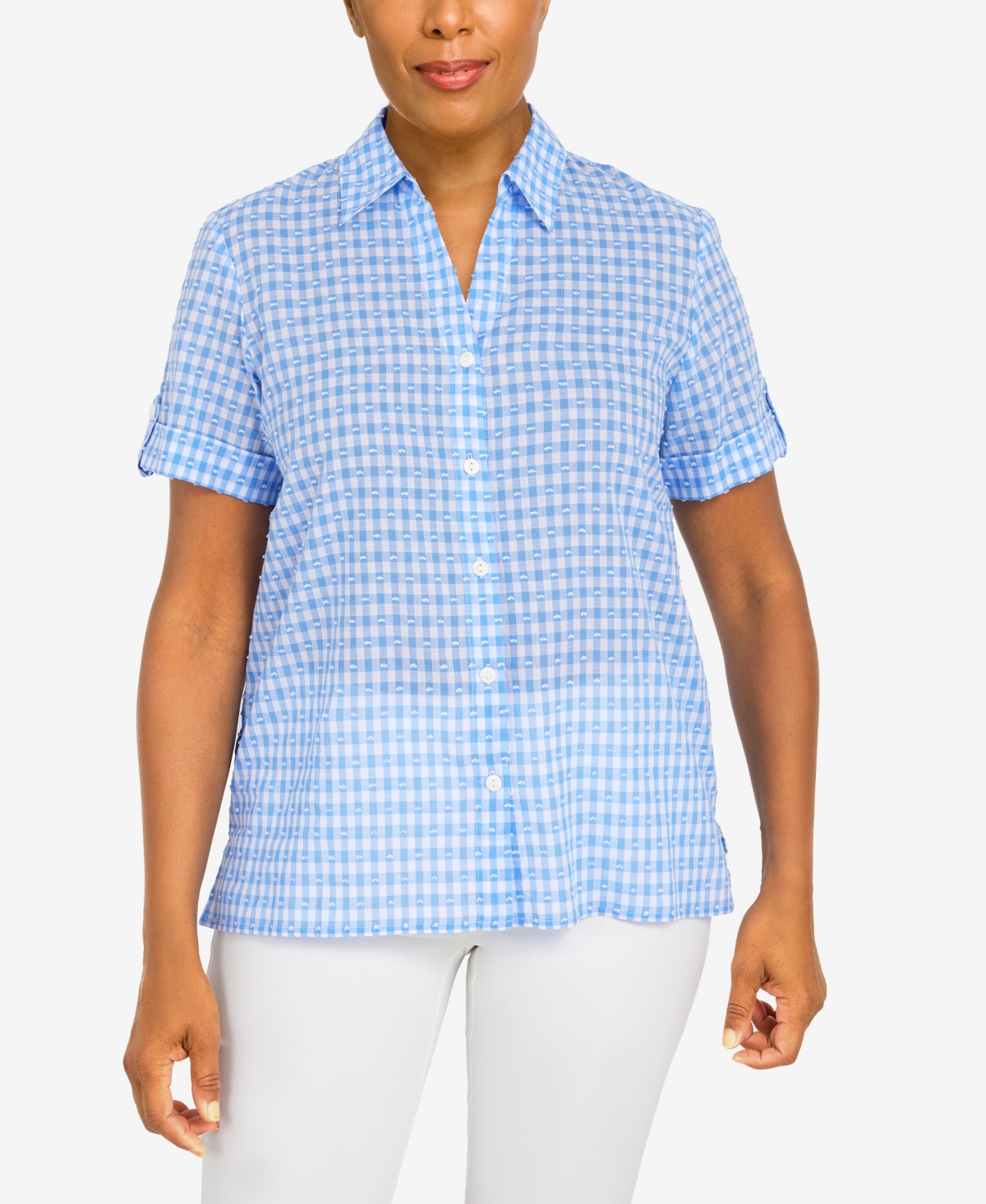 Alfred Dunner Petite Classics Stencil Floral Short Sleeve Button Down Top In Periwinkle