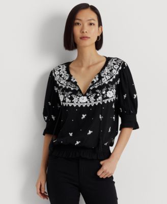 Lauren Ralph Lauren - Women's Embroidered Jersey Tie-Neck Top