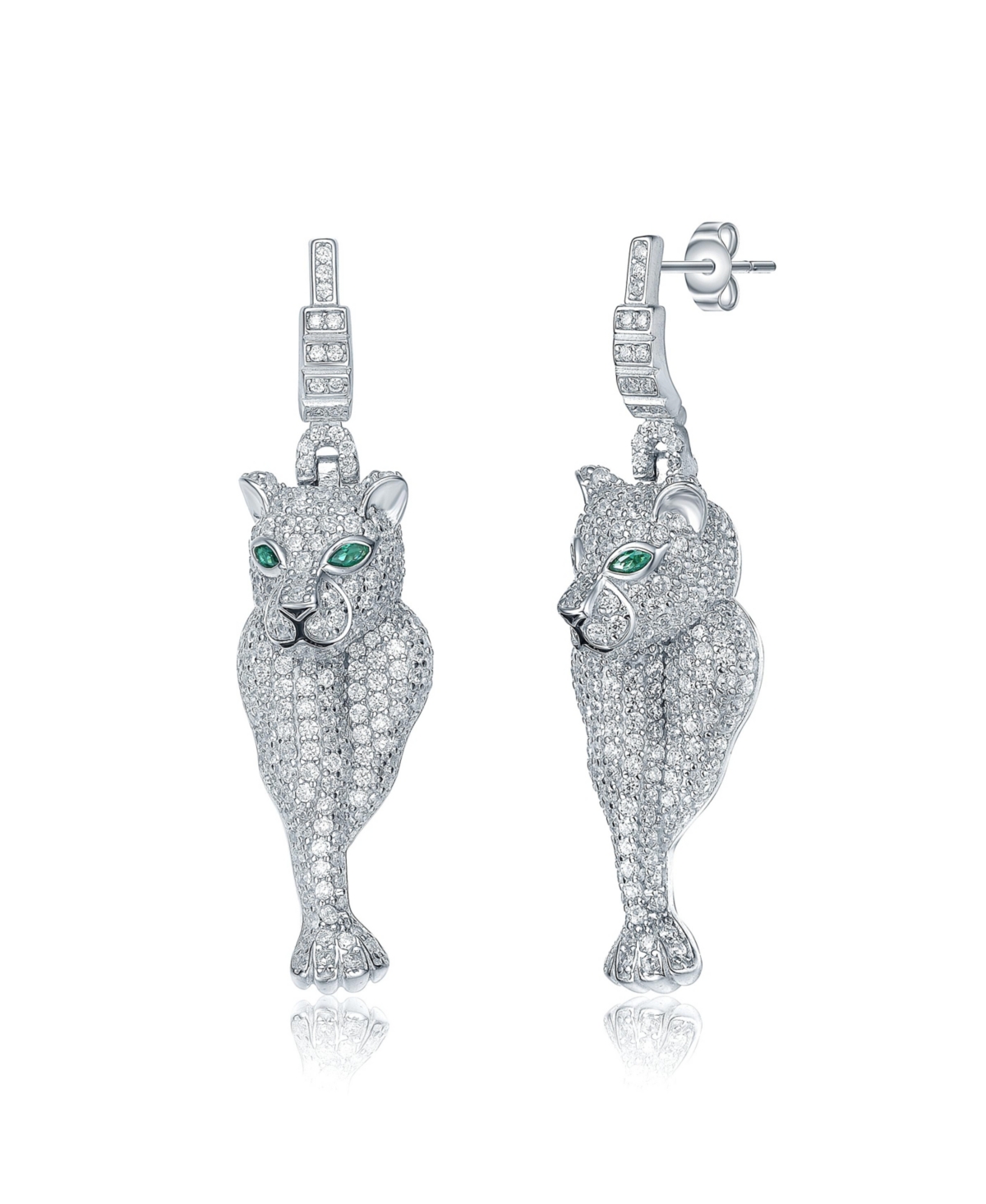 White Gold Plated with Green Eyes & Cubic Zirconia Panther Dangle Earrings in Sterling SIlver - White
