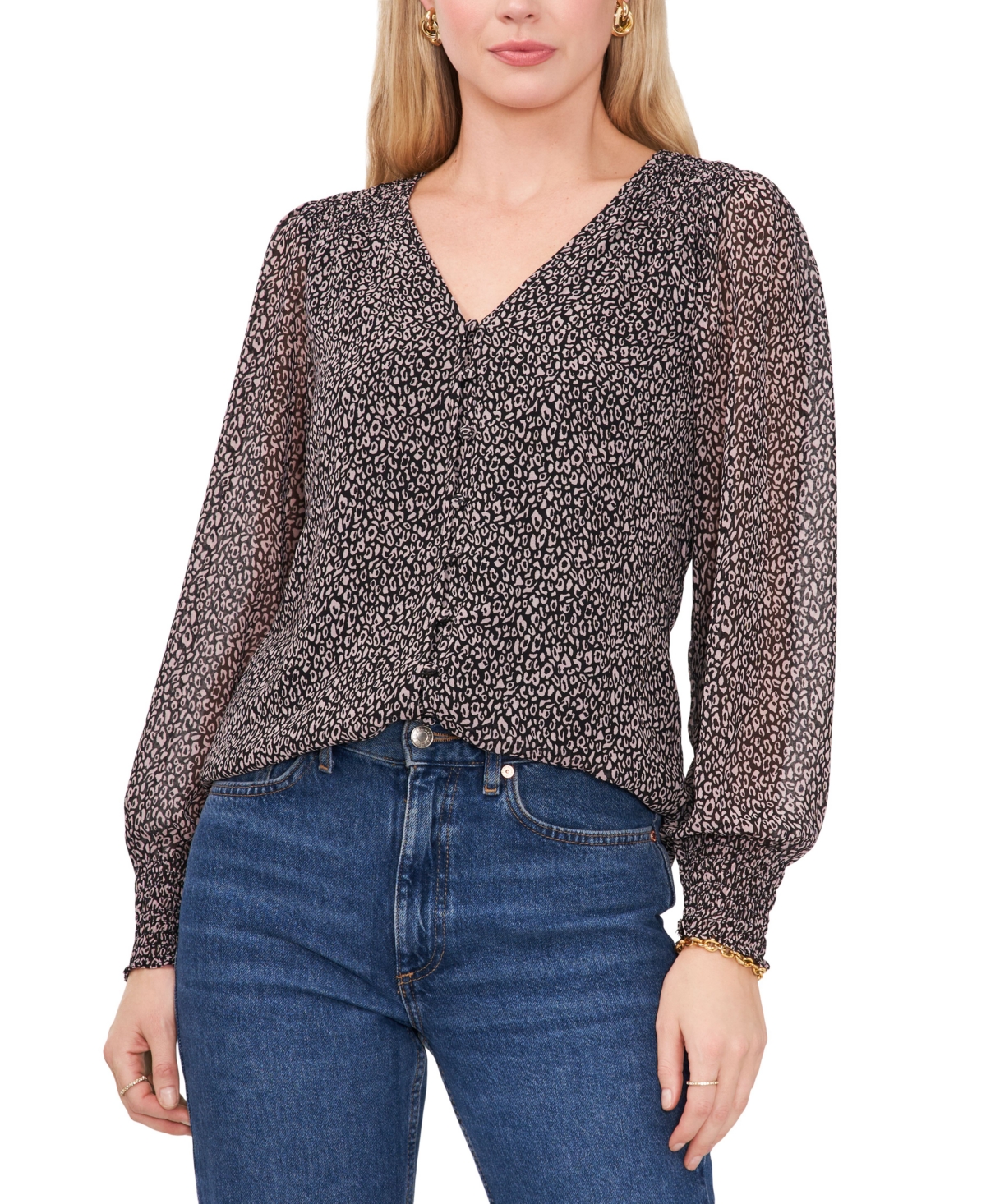 Sam & Jess Women's Leopard-print V-neck Smocked-shoulder Top In Black  Taupe