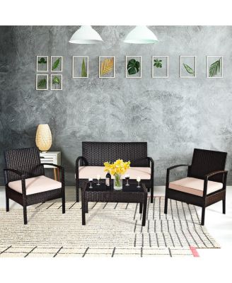 4PCS Patio Rattan Conversation Furniture Set Cushioned Seat