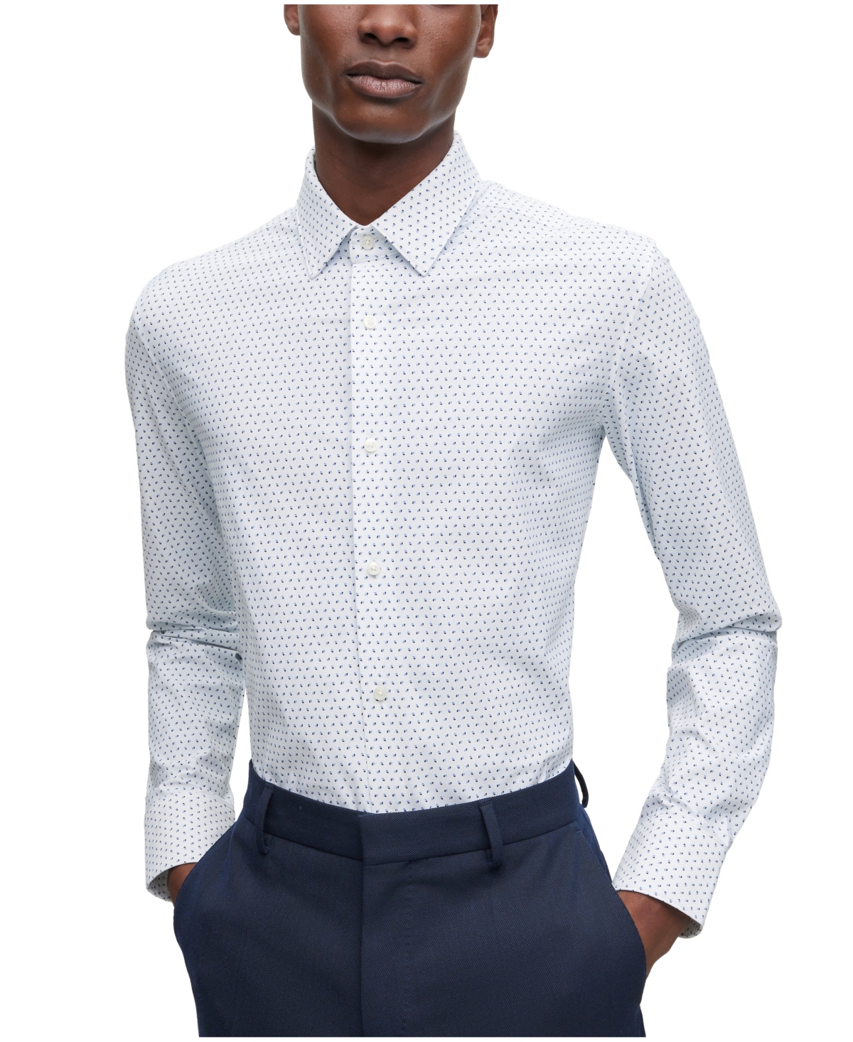 Hugo Boss Slim-fit Shirt In Geometric-print Performance-stretch Jersey In White