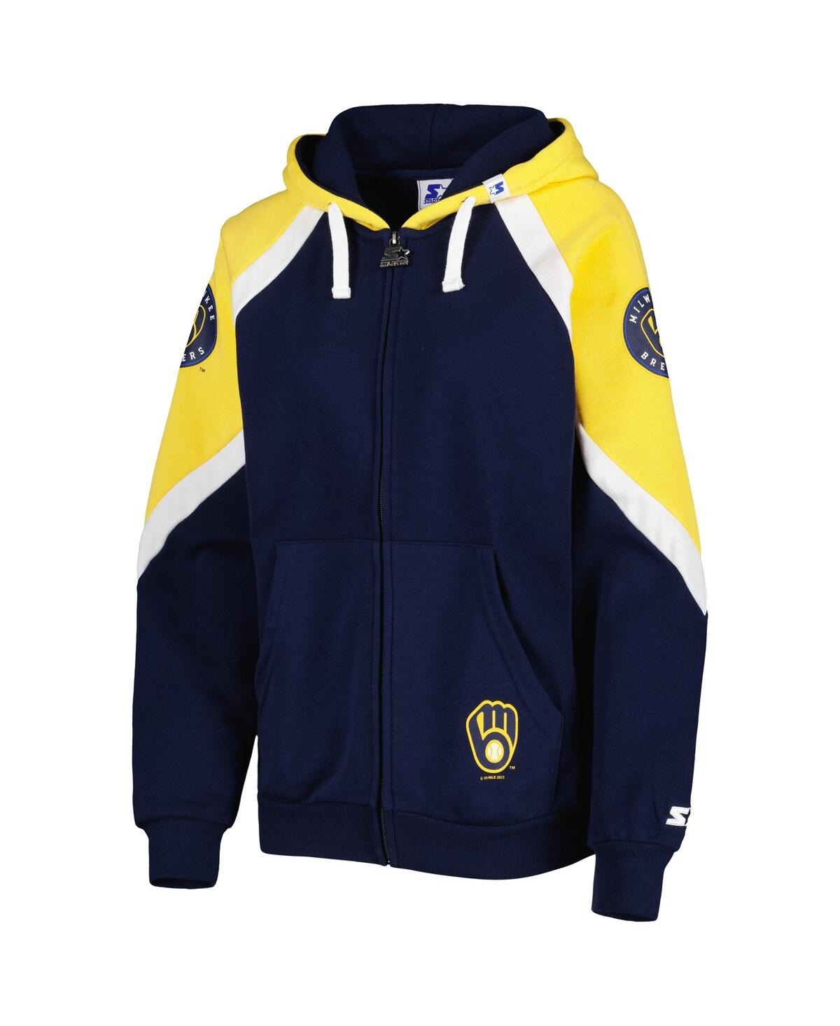 Shop Starter Women's  Navy, Gold Milwaukee Brewers Hail Mary Full-zip Hoodie In Navy,gold