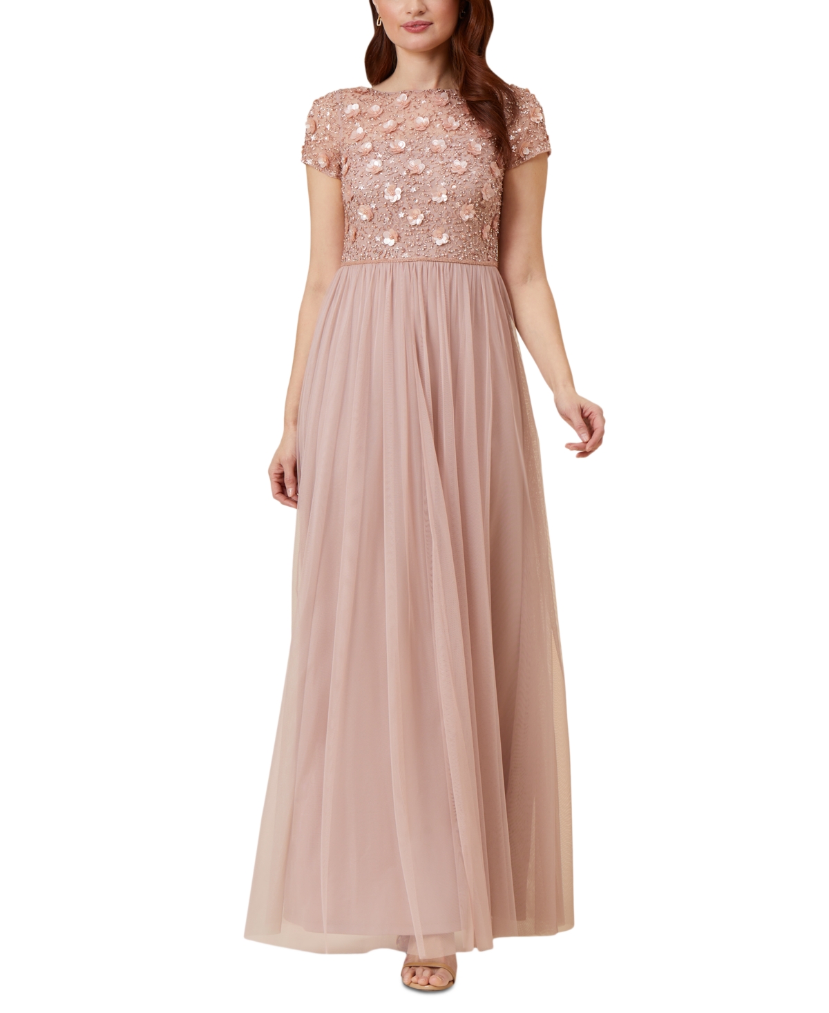 Adrianna Papell Beaded Chiffon Gown In Steel Rose