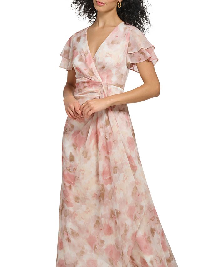 DKNY Women's Double-Ruffle-Sleeve Floral-Print Chiffon Ball Gown - Macy's
