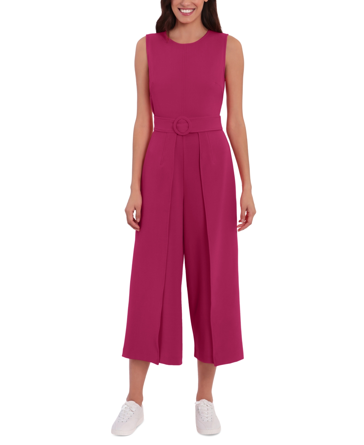 London Times Women's Jewel Neck Belted Cropped Jumpsuit In Cherry
