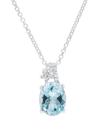 Macy's - Lab-Grown Aquamarine (2-1/4 ct. t.w.) & Lab-Grown White Sapphire (1/20 ct. t.w.) Oval 18" Pendant Necklace in Sterling Silver