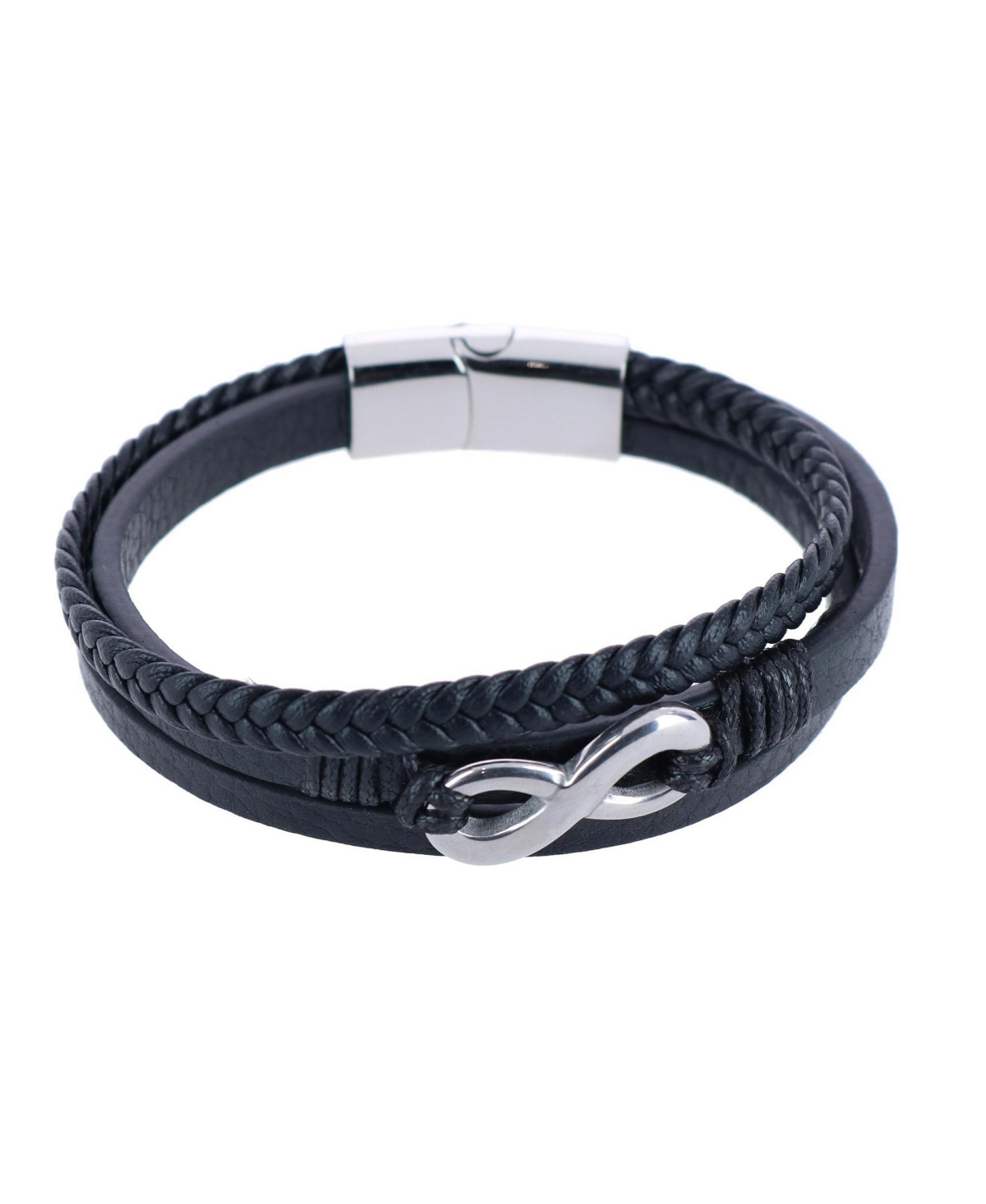 Infinity Triple Band Secure Clasp Leather Bracelet - Black and silver