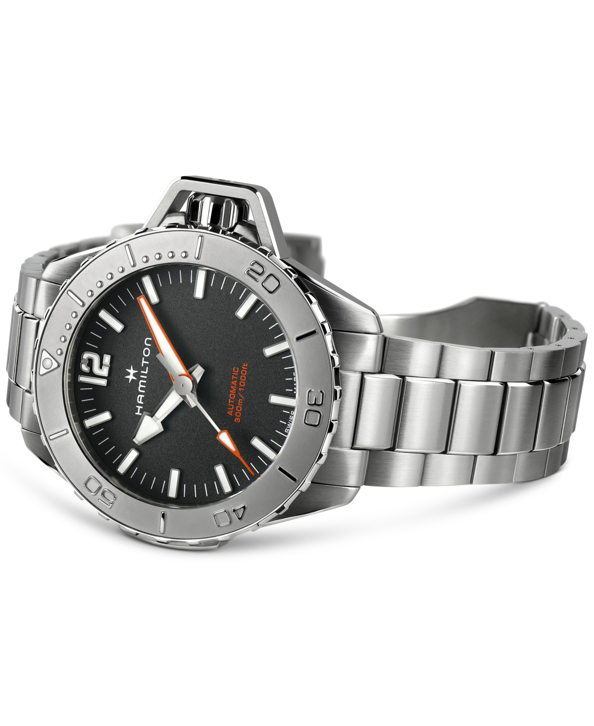 Shop Hamilton Men's Swiss Automatic Khaki Navy Frogman Stainless Steel Bracelet Watch 46mm In Black