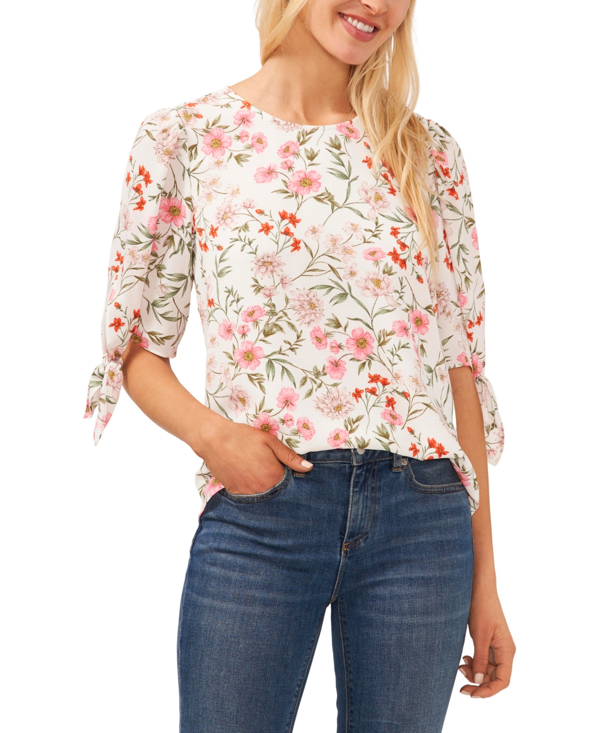 Cece Women's Floral-print Tie 3/4-sleeve Crew Neck Blouse In New Ivory