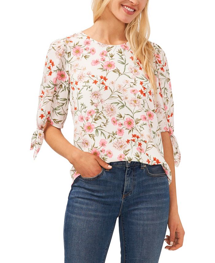 CeCe Women's Floral-Print Tie 3/4-Sleeve Crew Neck Blouse - Macy's