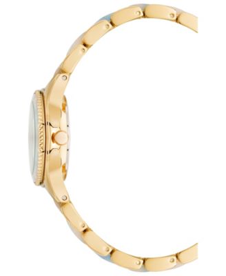Women's Three Hand Quartz Gold-tone Alloy and Light Blue Marbled Acrylic Link Bracelet Watch, 30mm