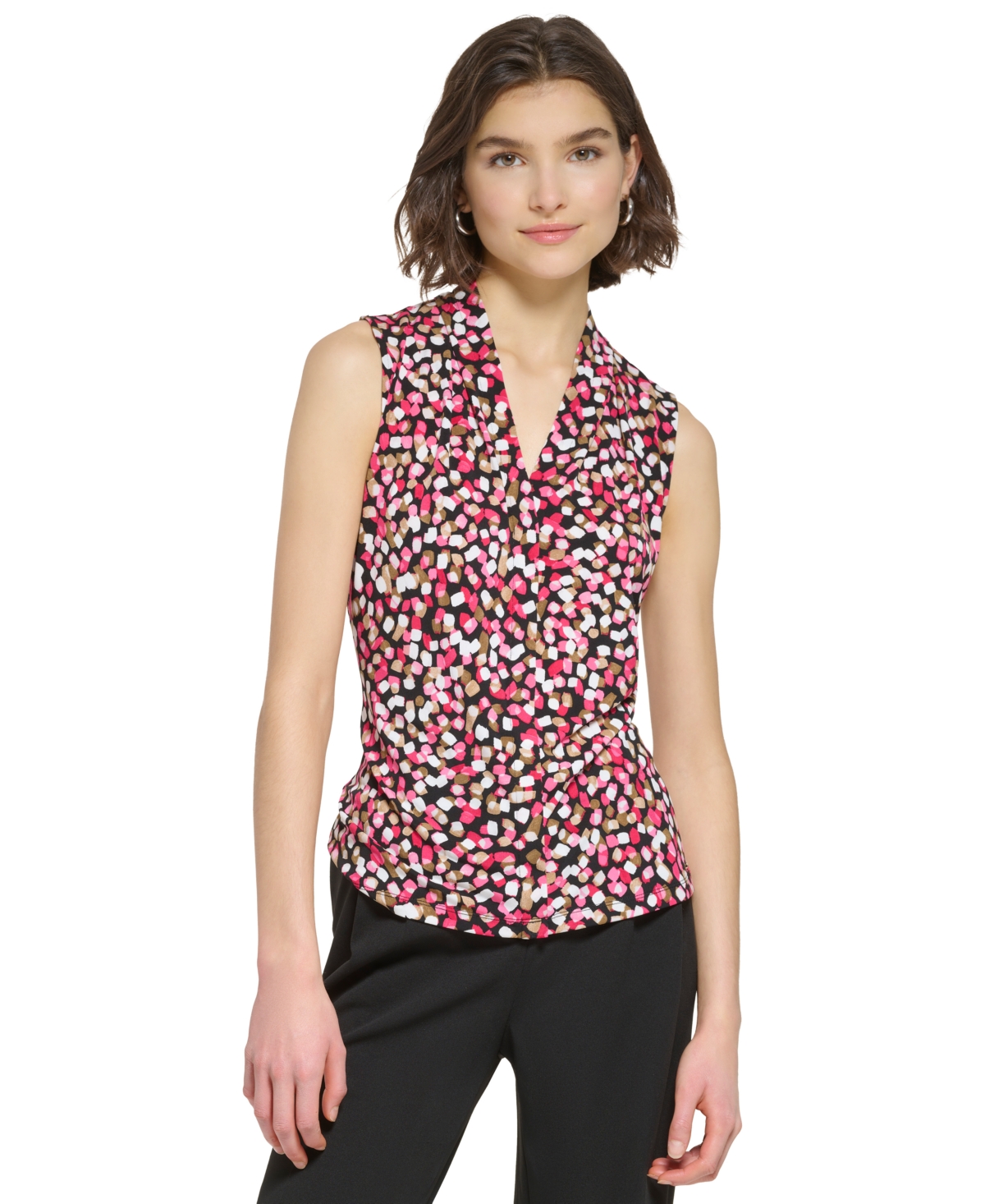 Calvin Klein Petite Printed V-neck Sleeveless Knit Top In Rosebud Multi