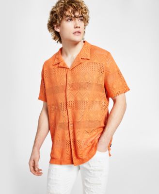 GUESS Men's Short-Sleeve Geometric Crochet-Knit Shirt - Macy's