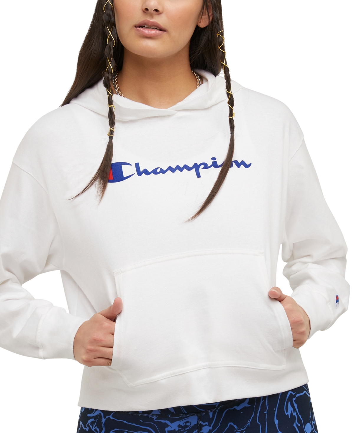 Shop Champion Women's Long-sleeve Logo T-shirt Hoodie In White