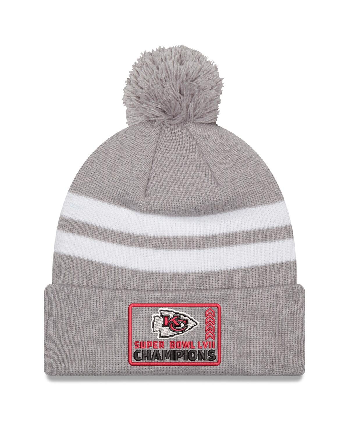 Men's New EraKansas City Chiefs Super Bowl Lvii Champions Top Stripe Cuffed Pom Knit Hat - Gray