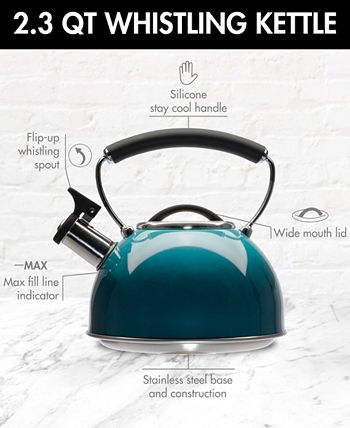 Primula Stewart Whistling Stovetop Tea Kettle Food Grade Stainless Steel, Hot Water Fast to Boil, Cool Touch Folding, 1.5 qt, Brushed with Black