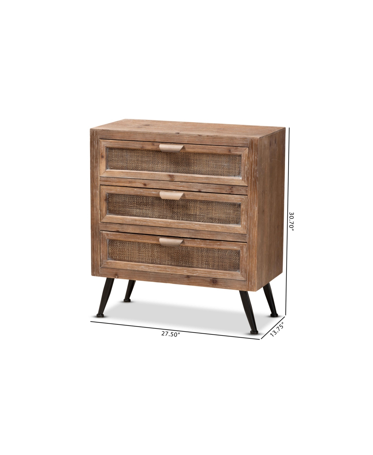 Baxton Studio Calida Mid-century Modern 30.7" Whitewashed Finished Wood And Rattan 3-drawer Storage Cabinet In Natural Brown,black
