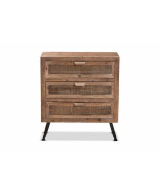 Calida Mid-Century Modern 30.7" Whitewashed Finished Wood and Rattan 3-Drawer Storage Cabinet