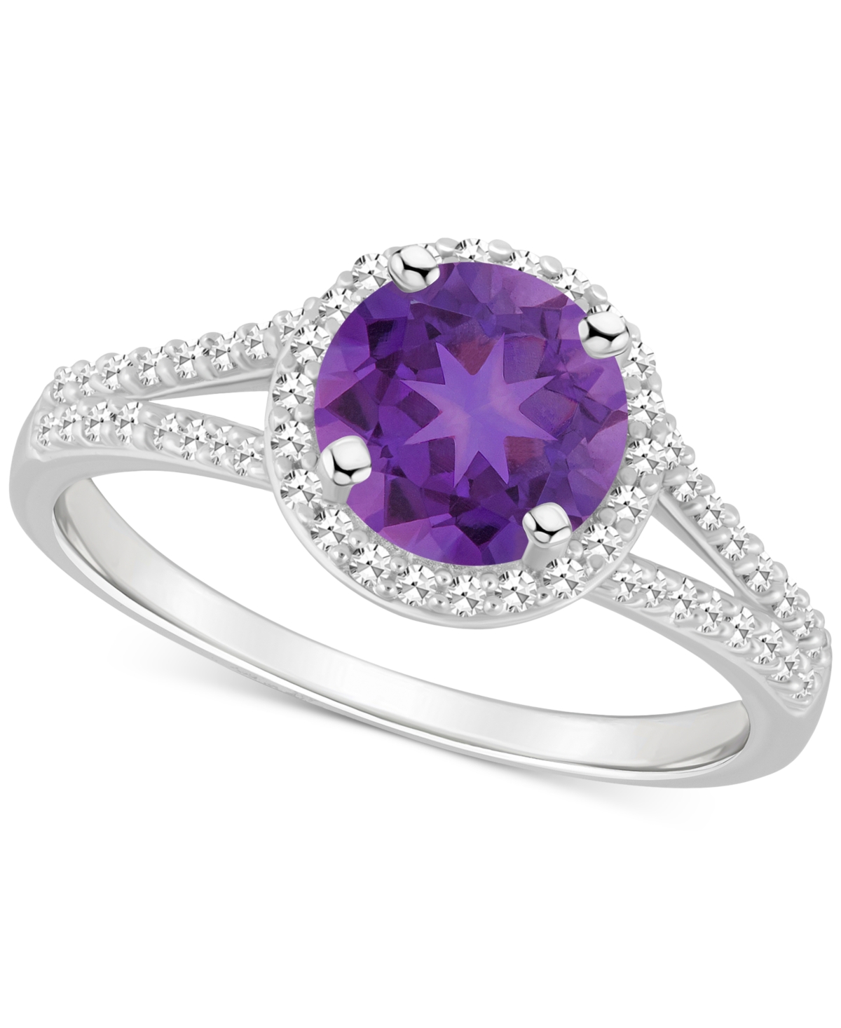 Macy's Amethyst (1-1/4 Ct. T.w.) & Diamond (1/4 Ct. T.w.) Halo Split Shank Ring In Sterling Silver (also In