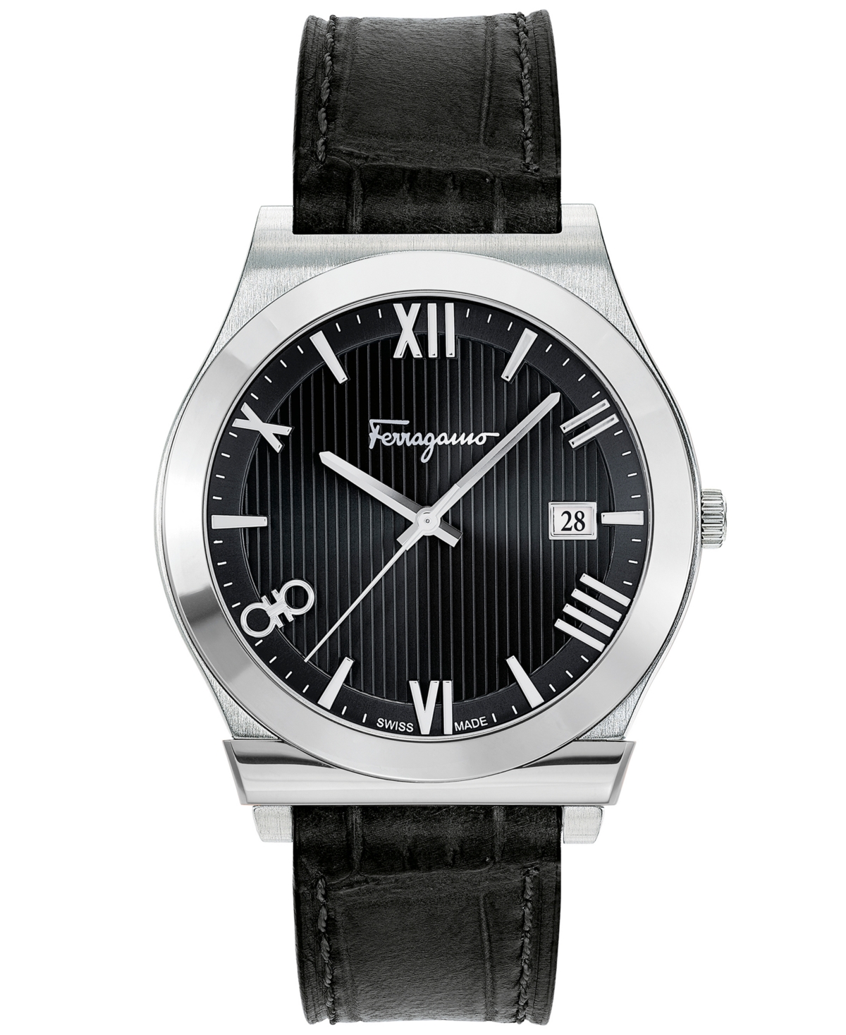 Ferragamo Salvatore  Men's Swiss Gancini Black Leather Strap Watch 41mm In Stainless Steel