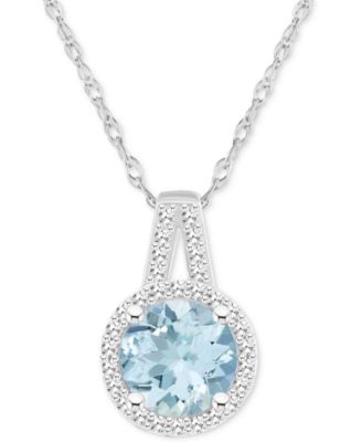 Macy's - Aquamarine (1-1/4 ct. t.w.) & Diamond (1/6 ct. t.w.) Halo 18" Pendant Necklace in Sterling Silver