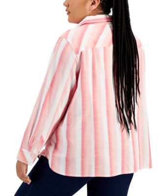 Plus Size Cotton Button-Front Roll-Tab Shirt 