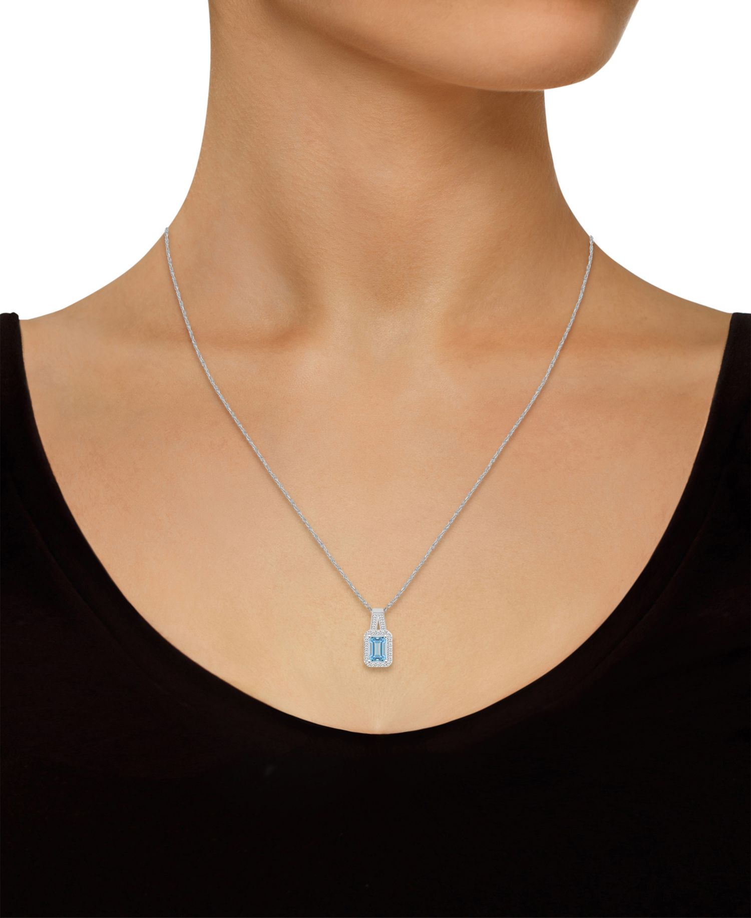 Aquamarine (1/2 ct. t.w.) & Diamond (1/8 ct. t.w.) Halo 18" Pendant Necklace in Sterling Silver (Also in Opal)