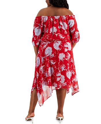 Tommy Hilfiger Plus Size Floral-Print Off-The-Shoulder Dress - Macy's