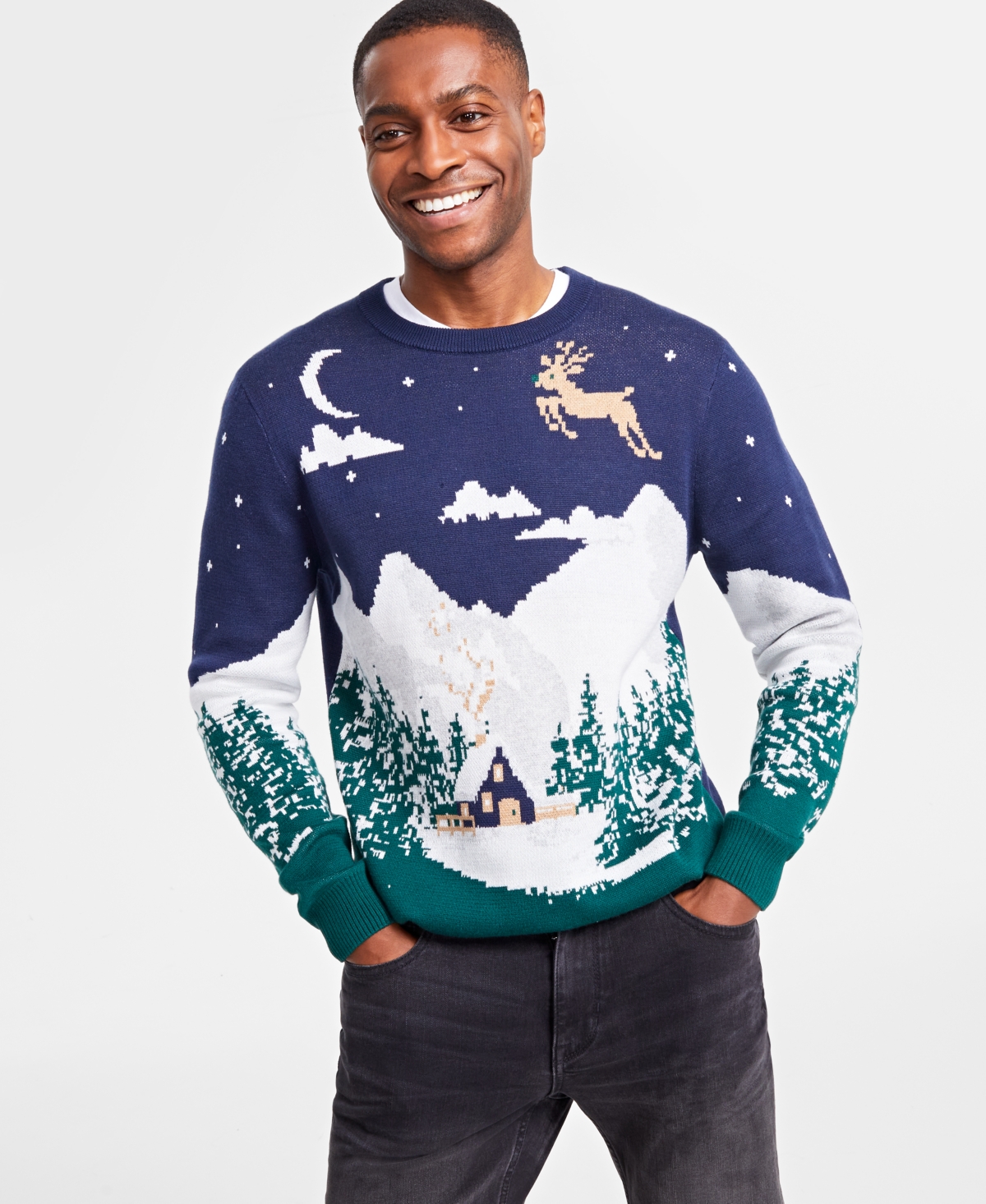 Charter Club Holiday Lane Men's Wintry Landscape Sweater, Created For Macy's In Intrepid Blue Combo
