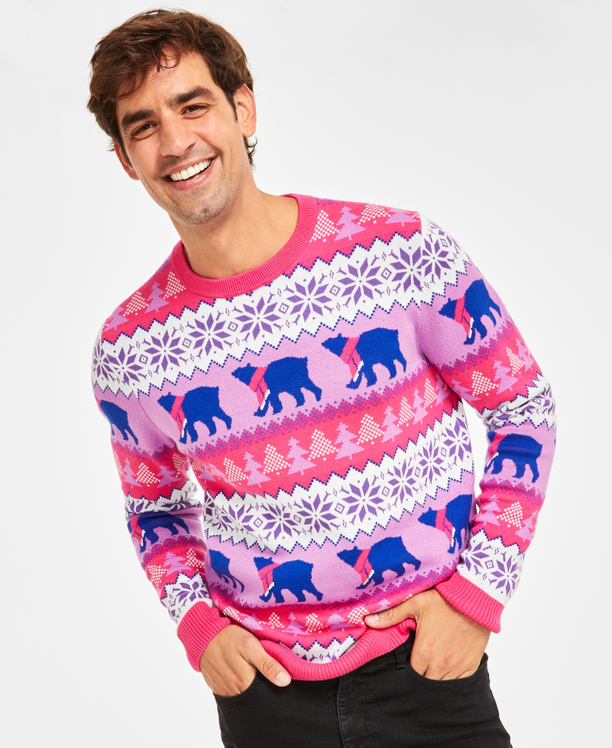 Holiday Lane Men's Santa Bear Sweater, Created for Macy's - Purple Sapphire Combo