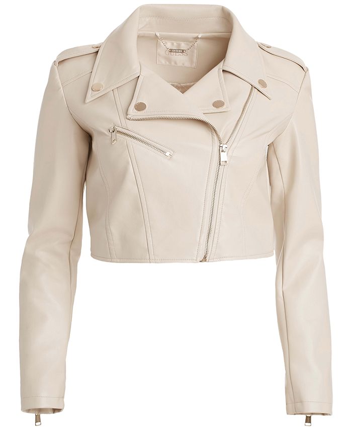 GUESS Women's Rochelle Cropped Faux-Leather Moto Jacket - Macy's