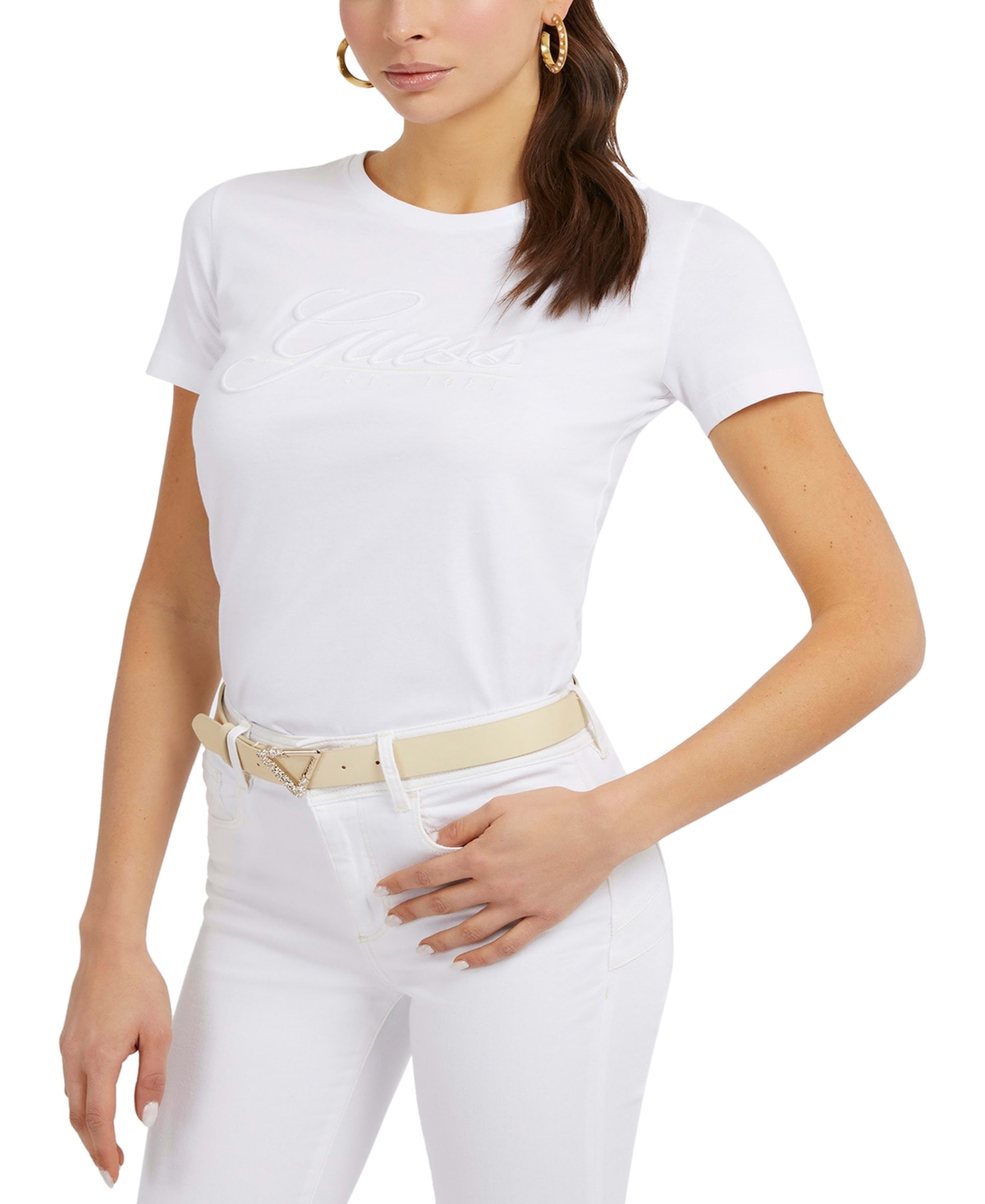 Guess Women s Script Logo Short Sleeve Cotton T Shirt Smart Closet