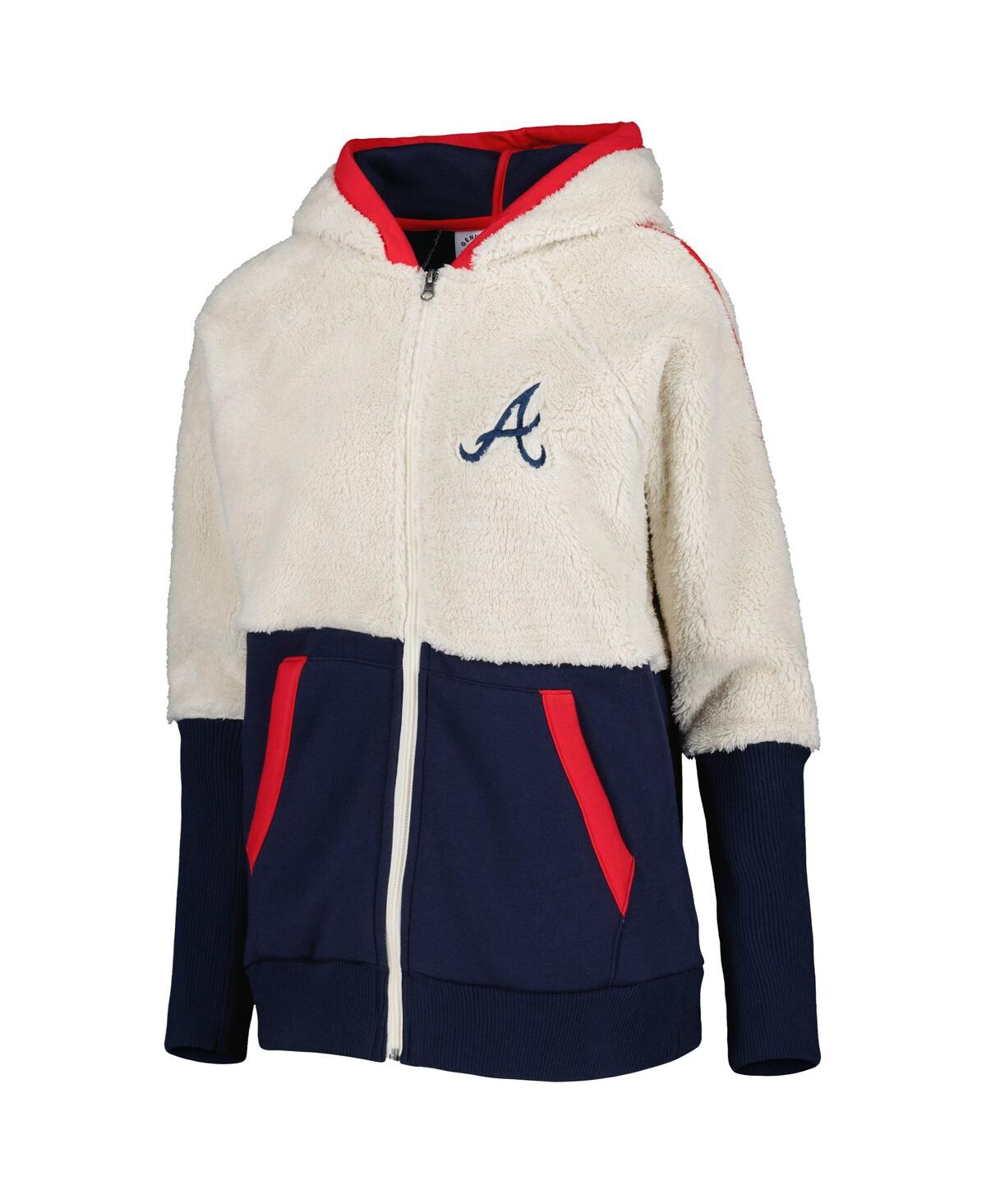 Shop G-iii 4her By Carl Banks Women's  Oatmeal, Navy Atlanta Braves Shuffle It Raglan Full-zip Hoodie In Oatmeal,navy
