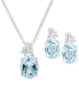 Macy's Lab Created Aquamarine Lab Created White Sapphire Oval Pendant Necklace Matching Stud Earrings Colle