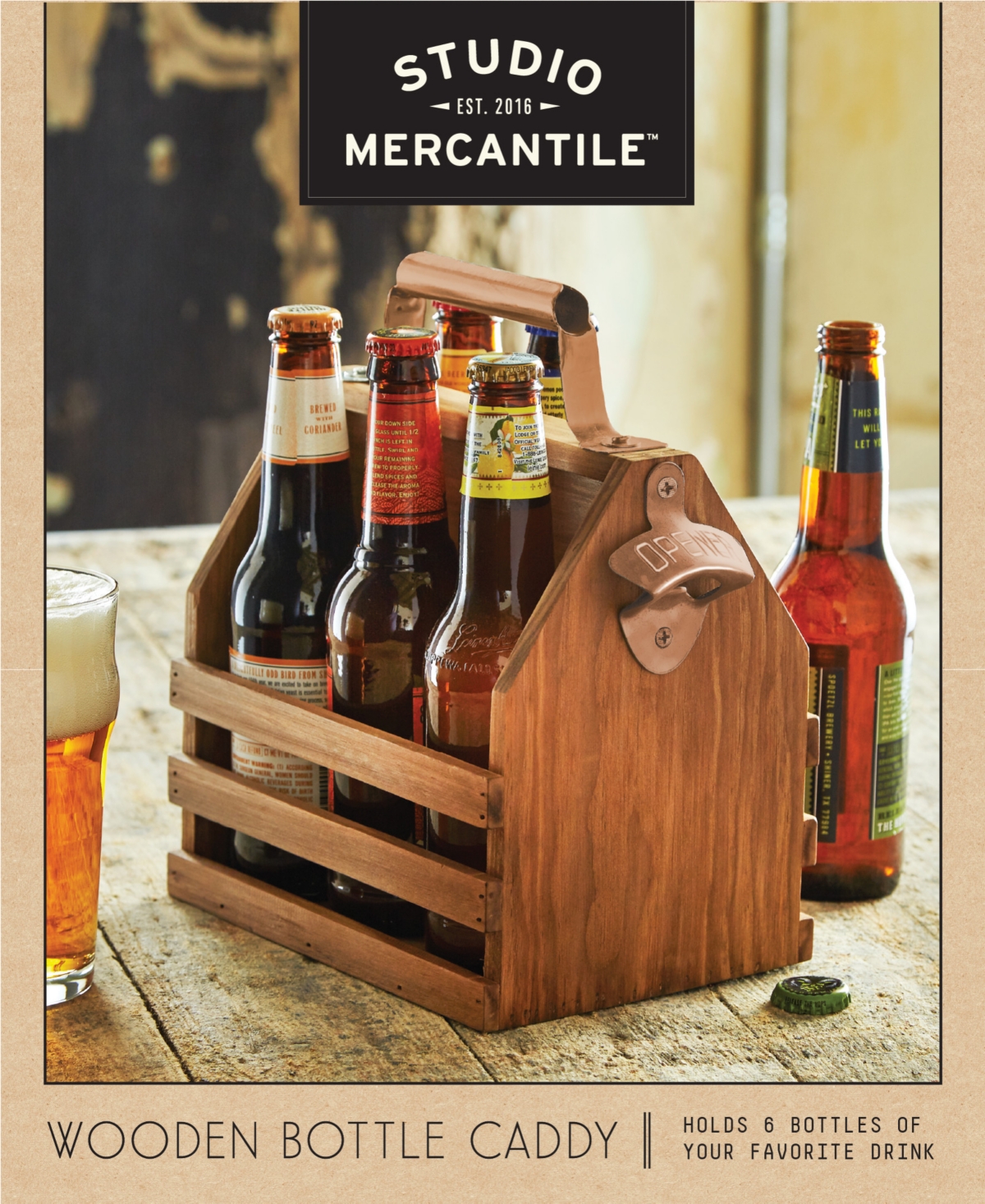 Studio Mercantile Wooden 6-pack Bottle Caddy