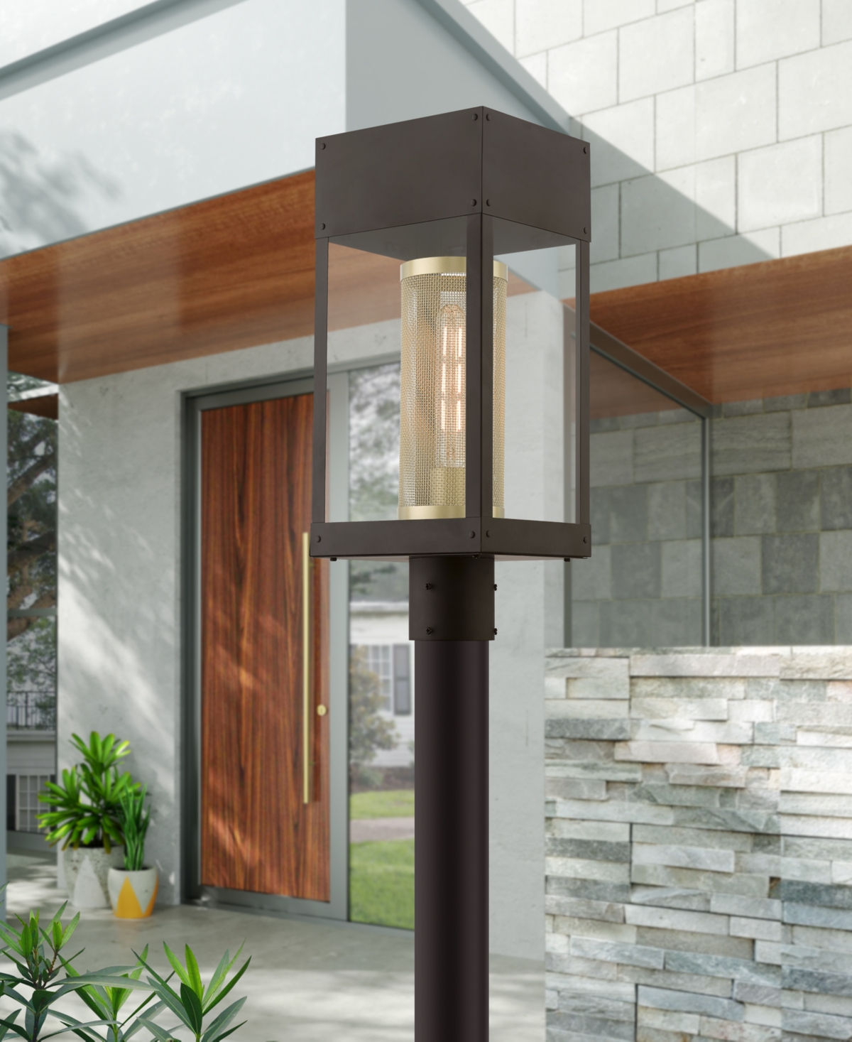 Livex Franklin 1 Light Outdoor Post Top Lantern - Bronze with Soft Gold
