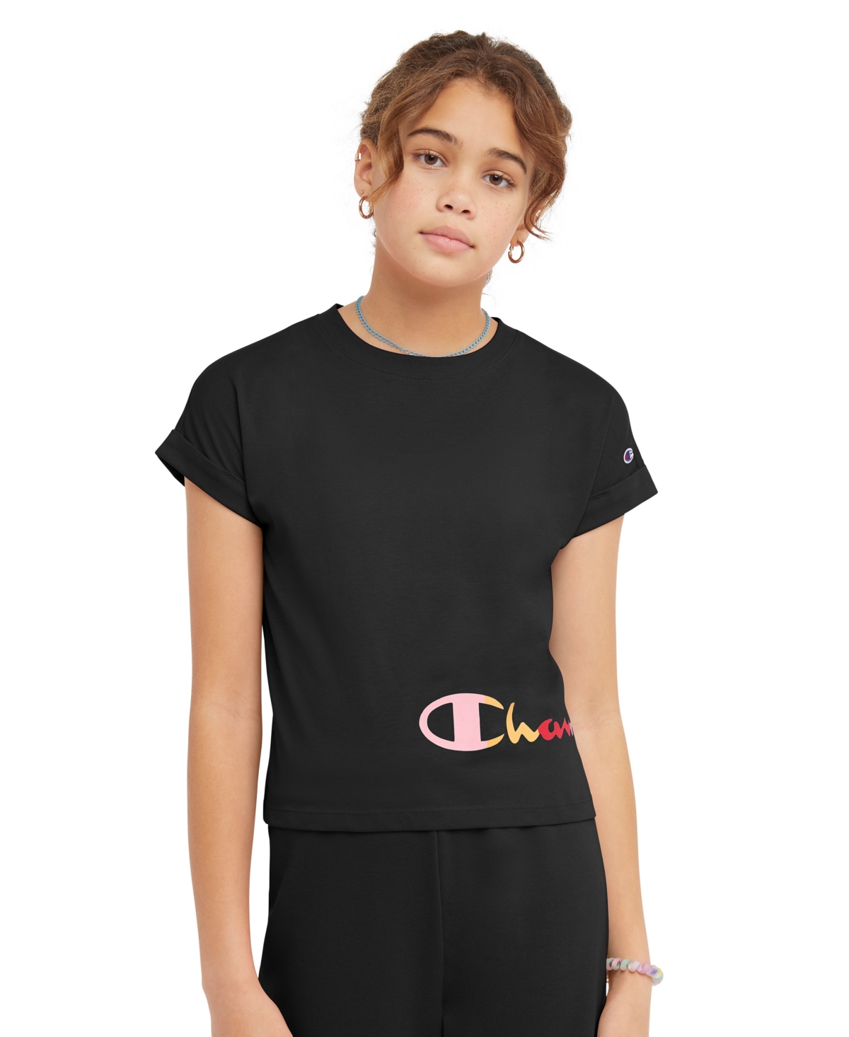 Champion Kids' Big Girls Dolman Short Sleeve Top With Wrap Script In Black