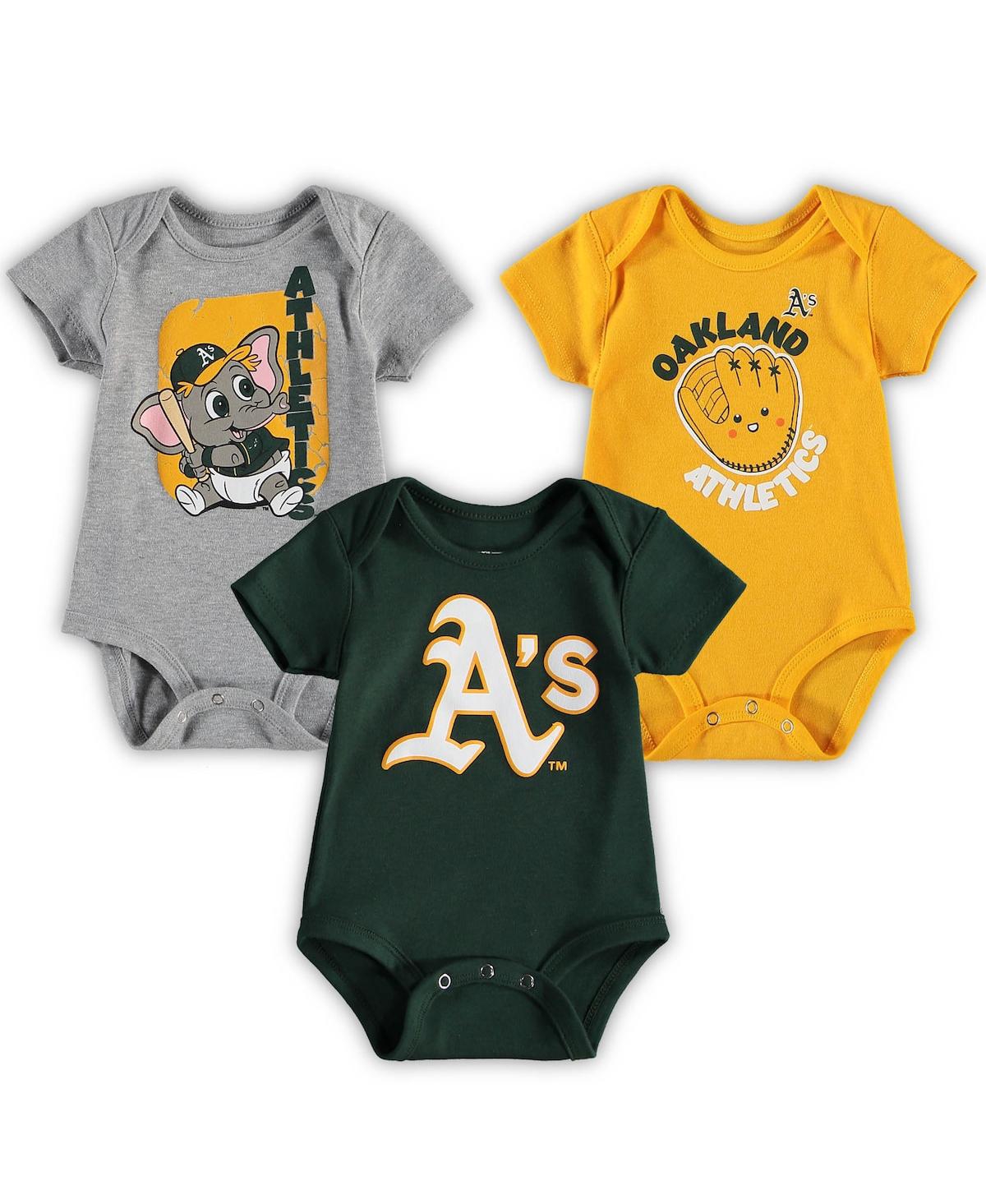 Shop Outerstuff Infant Boys And Girls Green, Heathered Gray, Gold Oakland Athletics Change Up 3-pack Bodysuit Set In Green,heathered Gray,gold