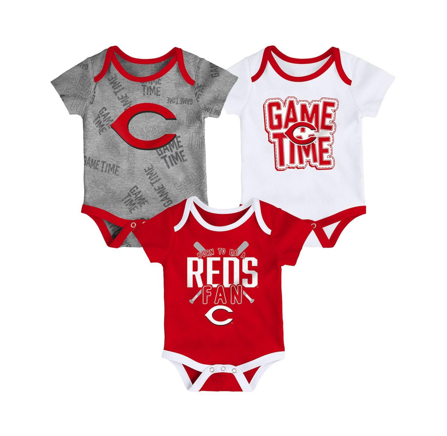 Newborn and Infant Boys and Girls Cincinnati Reds Red and White and Heathered Gray Game Time Three-Piece Bodysuit Set