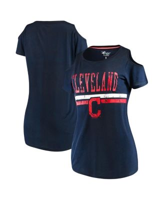 Women's Navy Cleveland Indians Clear The Bases Cold Shoulder Scoop neck T-shirt