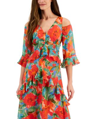 Tahari ASL Women's Floral-Print Cold-Shoulder Midi Dress - Macy's