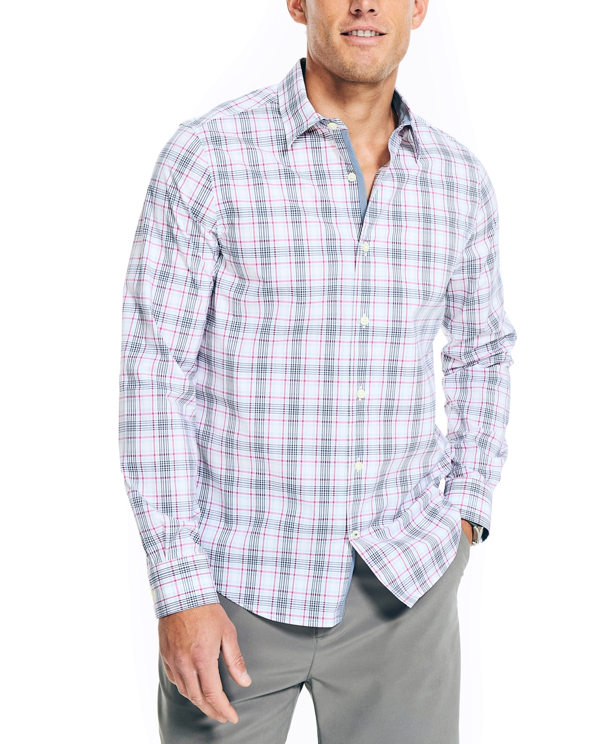 Nautica Men's Navtech Trim-fit Plaid Button-up Long-sleeve Shirt In Bright White