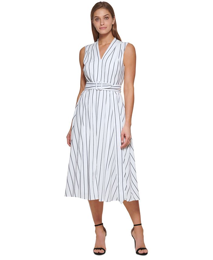 DKNY Women's Striped V-Neck Belted Sleeveless Midi Dress - Macy's