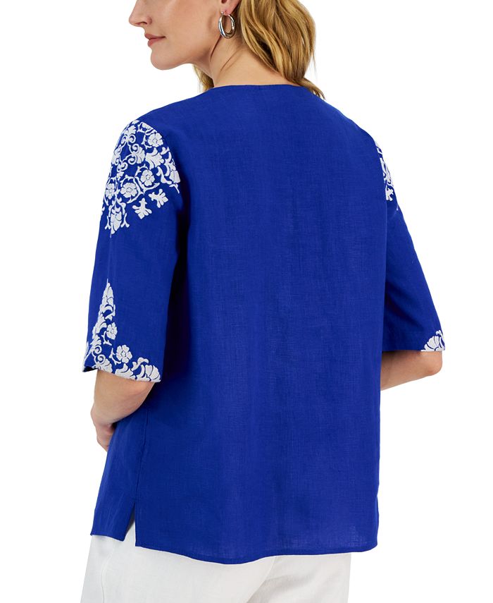 Charter Club Women's Linen Embroidered VNeck Top, Created for Macy's