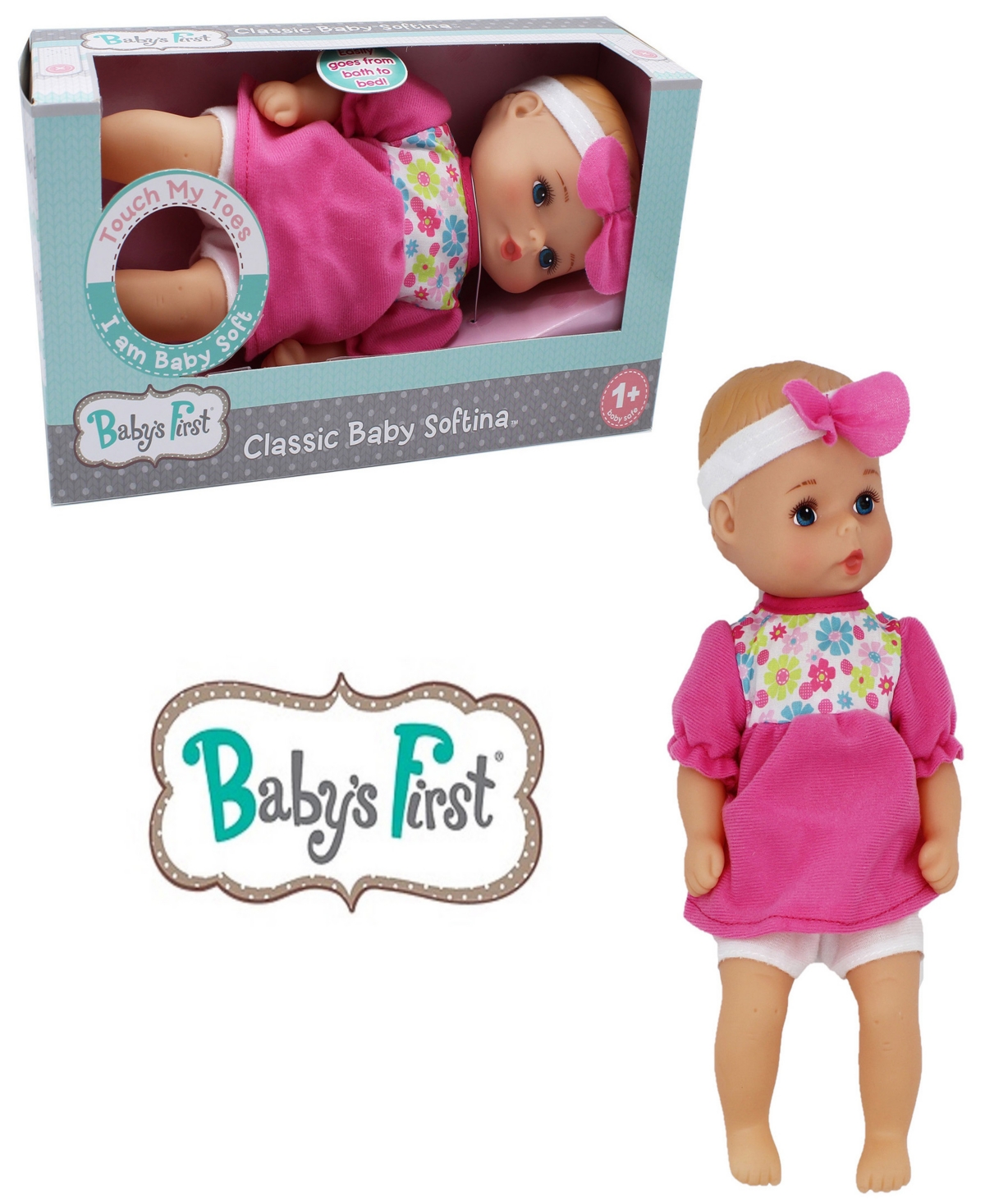 Shop Baby's First By Nemcor Goldberger Doll 11" Classic Softina With Pink Foral Jumper Headband In Multi