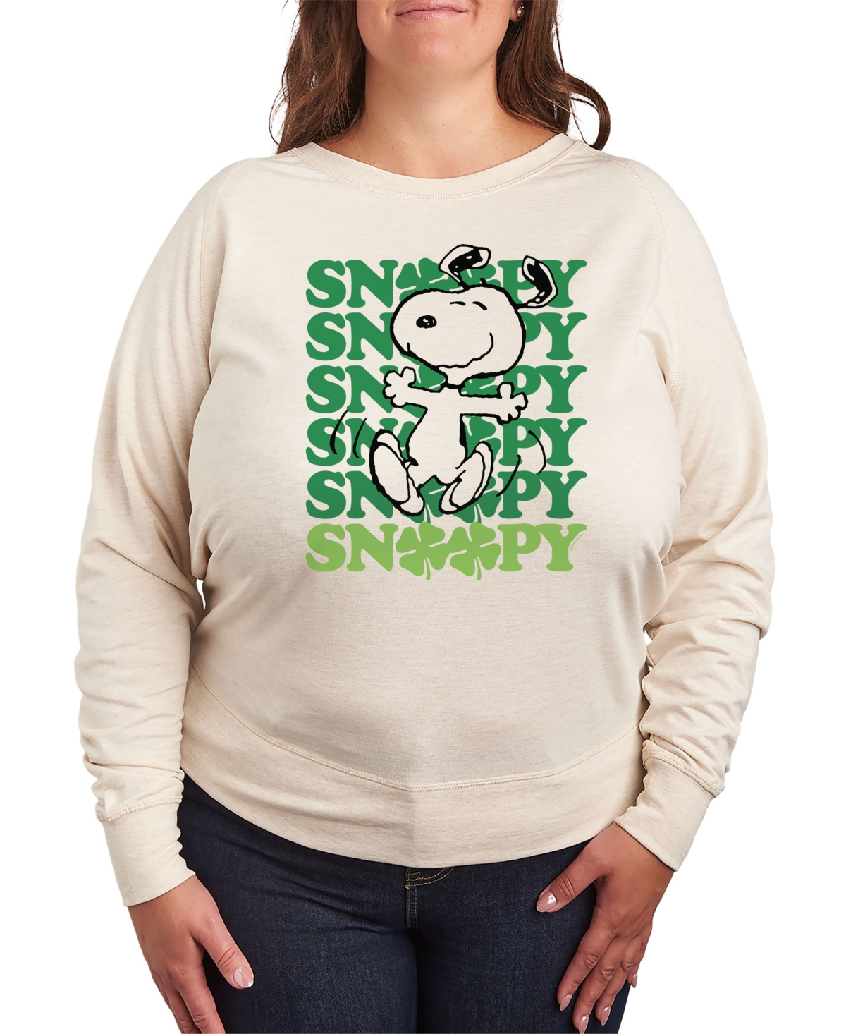 Air Waves Trendy Plus Size Snoopy Shamrock Graphic Sweatshirt In Beige/khaki