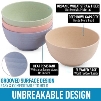 Unbreakable Lightweight Wheat Straw Plastic Cereal Bowls Set of 4